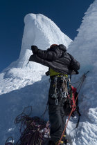 PHD Alpine Ultra Down Jacket - just below the summit of Cerro Standhart on Exocet. Patagonia (C) Will Sim