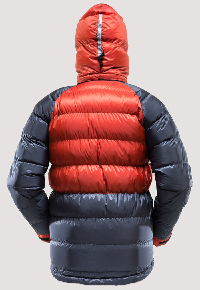 Back view showing drop-tail, reflect tape, and adjustable helmet-sized hood Back view showing drop-tail, reflect tape, and adjustable helmet-sized hood