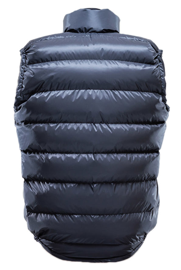 Ultra Down Vest: K Series. Back view showing drop tail. Ultra Down Vest: K Series. Back view showing drop tail.