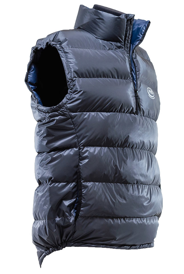 Ultra Down Vest: K Series. Side view showing drop tail. Ultra Down Vest: K Series. Side view showing drop tail.