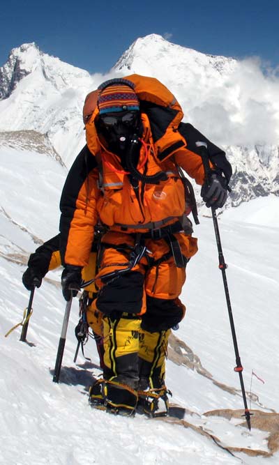 Adele Pennington approaching Makalu summit, PHD Omega Down Suit Adele Pennington approaching Makalu summit, PHD Omega Down Suit