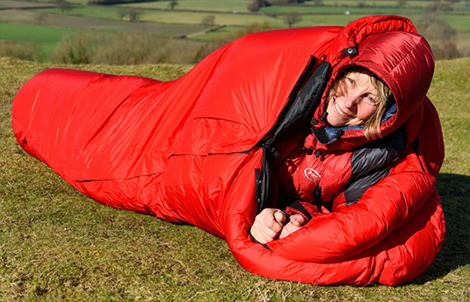 Rosie Swale-Pope in PHD down jacket and sleeping bag