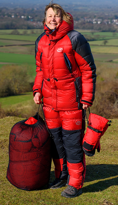 Rosie Swale-Pope in PHD Denali down jacket and trousers